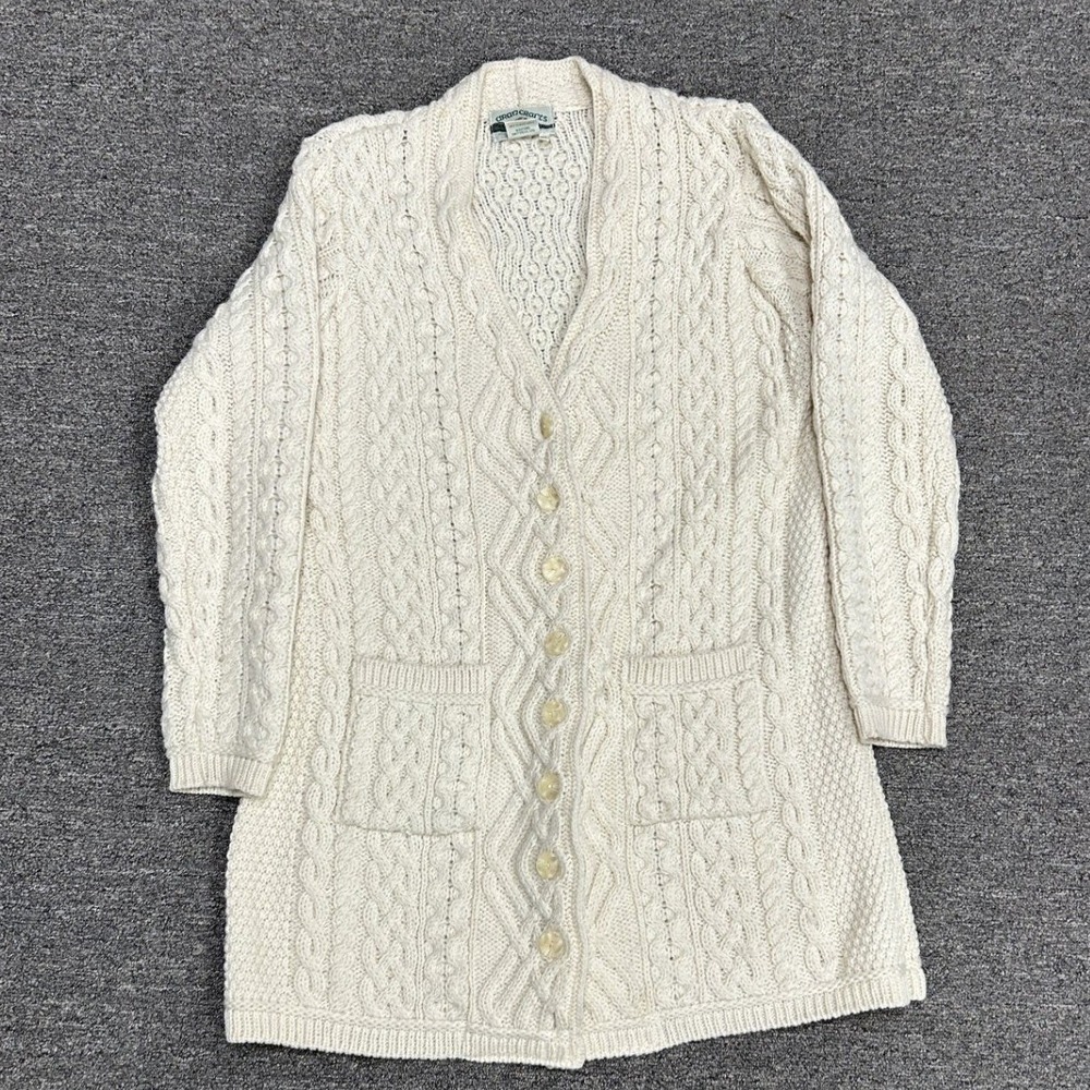Aran Crafts Cardigan Sweater Womens XL Cream Merino Wool Longline Cable Knit